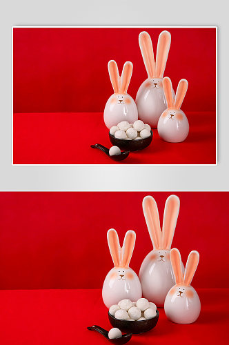 汤圆元宵兔年兔子瓷器元宵节摄影图
