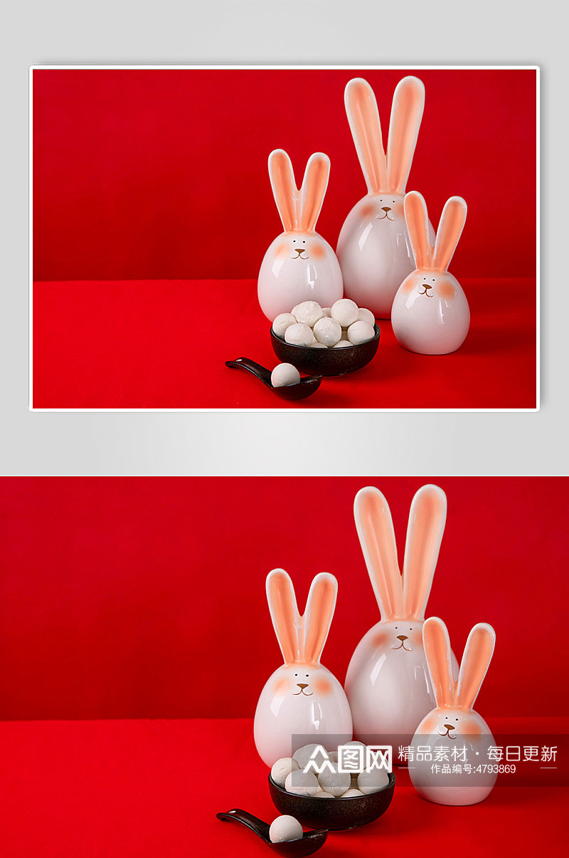 汤圆元宵兔年兔子瓷器元宵节摄影图素材