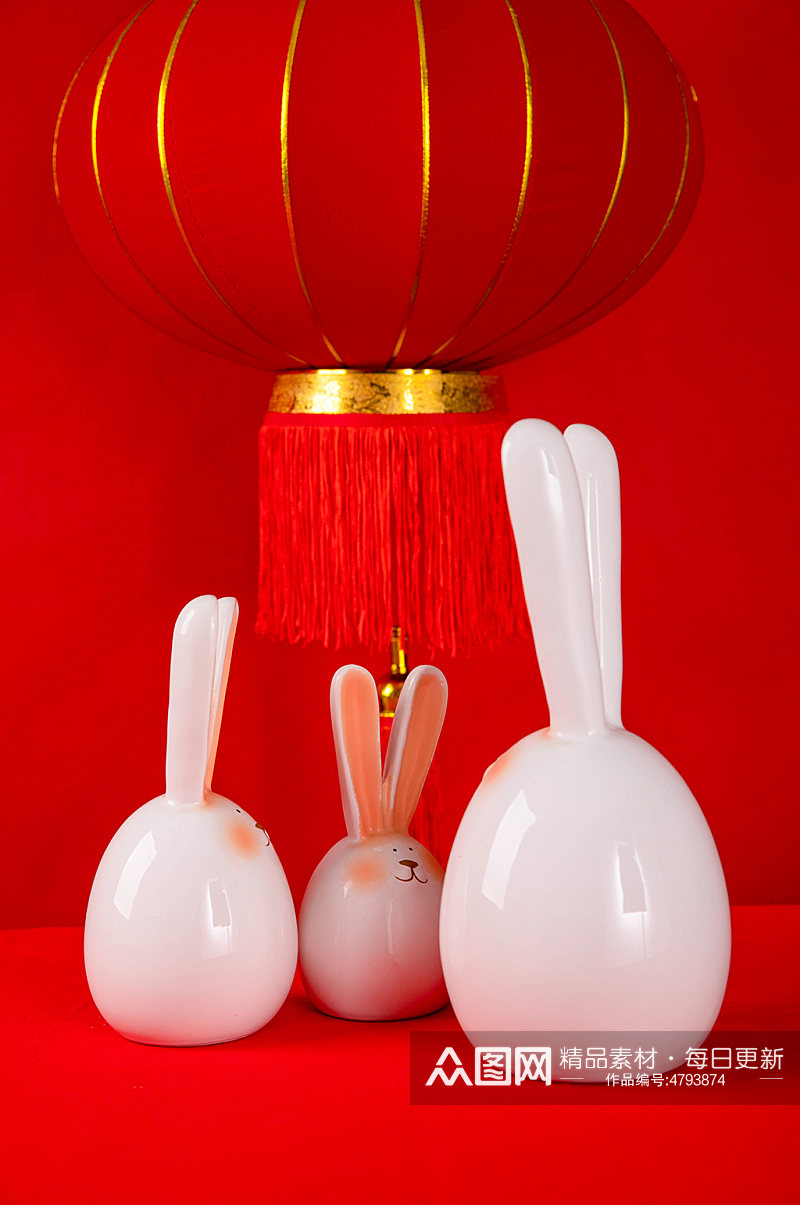 中式新年兔年兔子瓷器灯笼元宵节摄影图素材