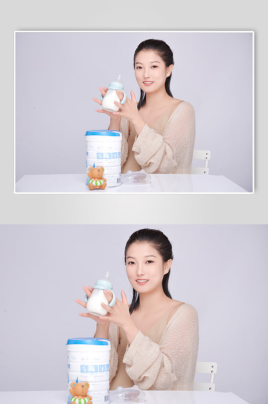 手拿奶瓶冲奶粉饰优雅孕妇人物摄影图