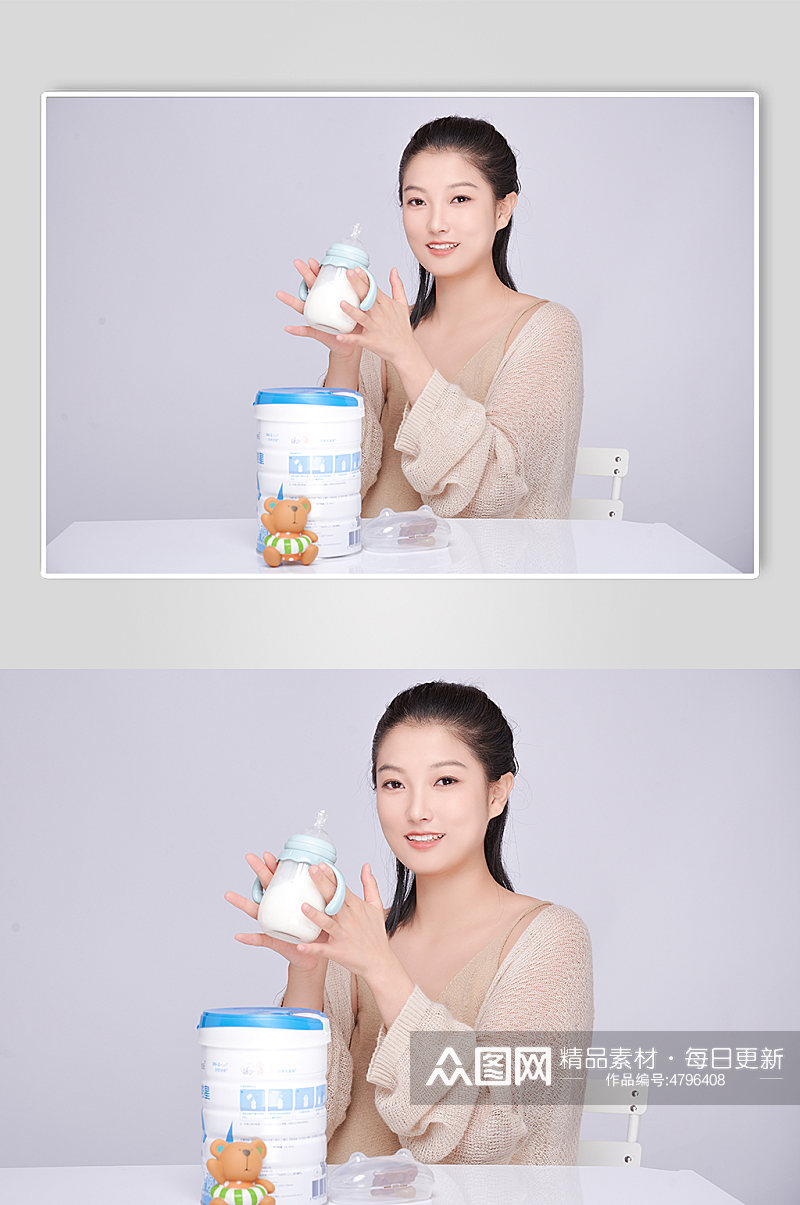 手拿奶瓶冲奶粉饰优雅孕妇人物摄影图素材