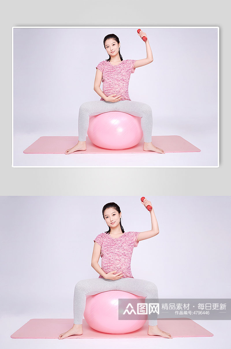 体操球举哑铃运动孕妇瑜伽人物摄影图素材