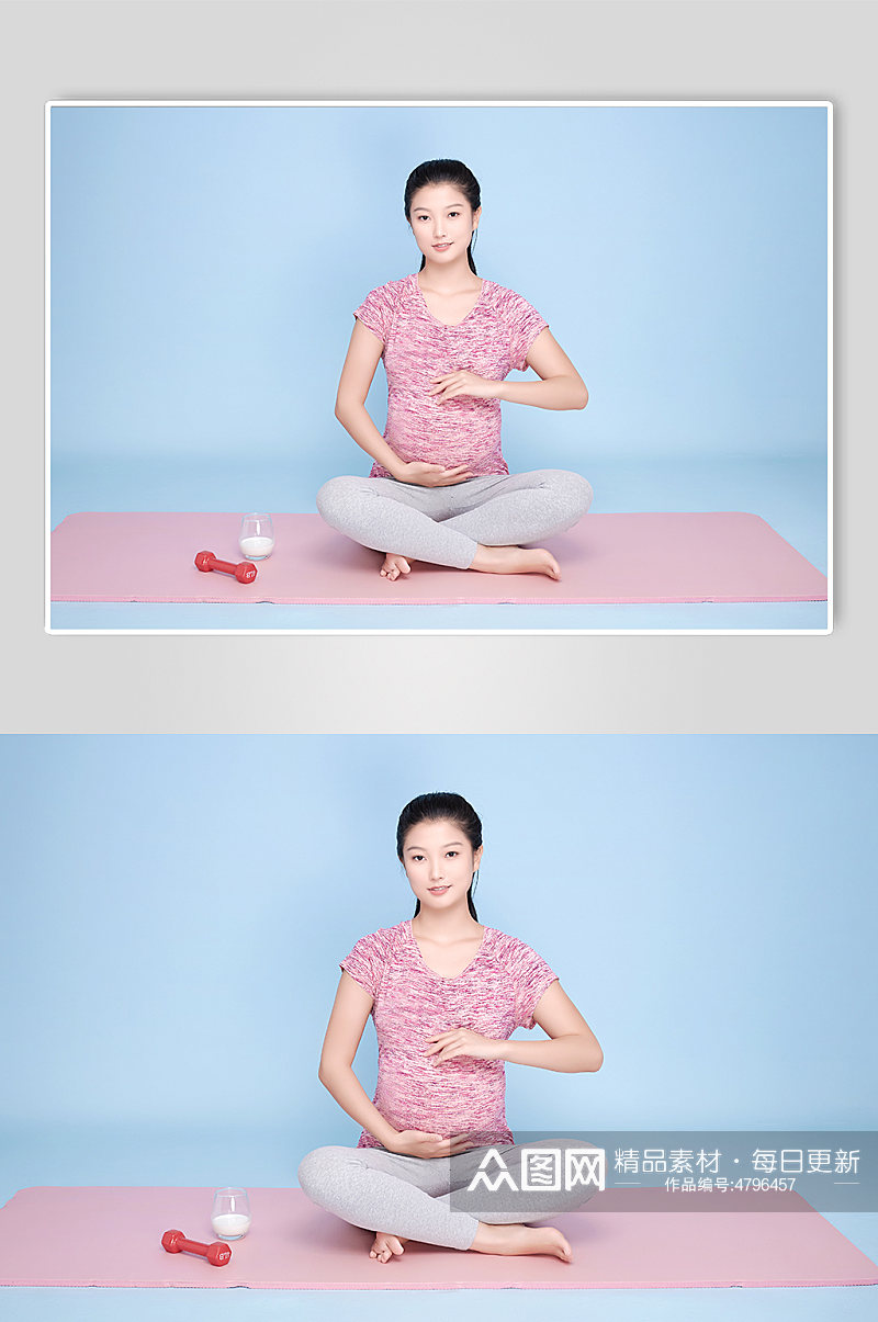 瑜伽垫手扶肚子孕妇瑜伽人物摄影图素材