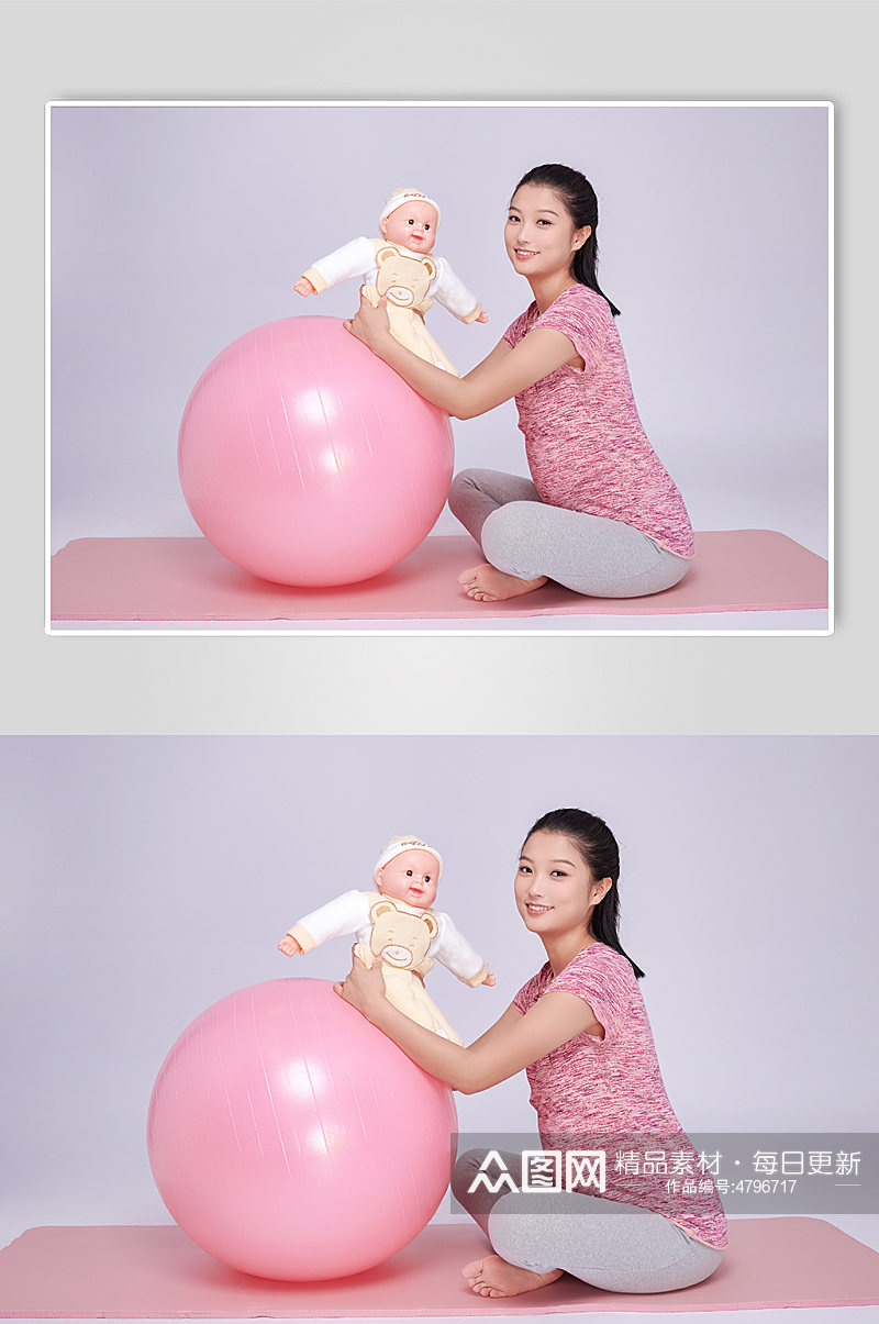 体操球抱婴儿宝宝孕妇瑜伽人物摄影图素材