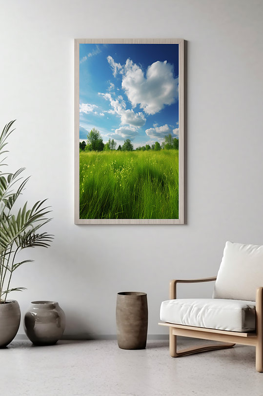 清新草地蓝天白云风景装饰画-众图网