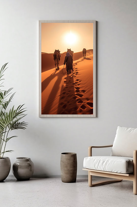 黄昏唯美骆驼大漠沙漠风景装饰画
