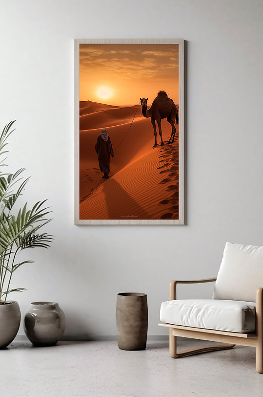 行人骆驼大漠沙漠风景装饰画