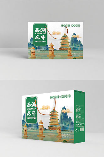 绿色卡通风茶叶龙井包装礼盒设计