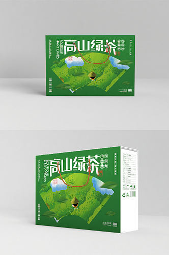 绿色大气简约插画高山绿茶食品礼盒包装设计