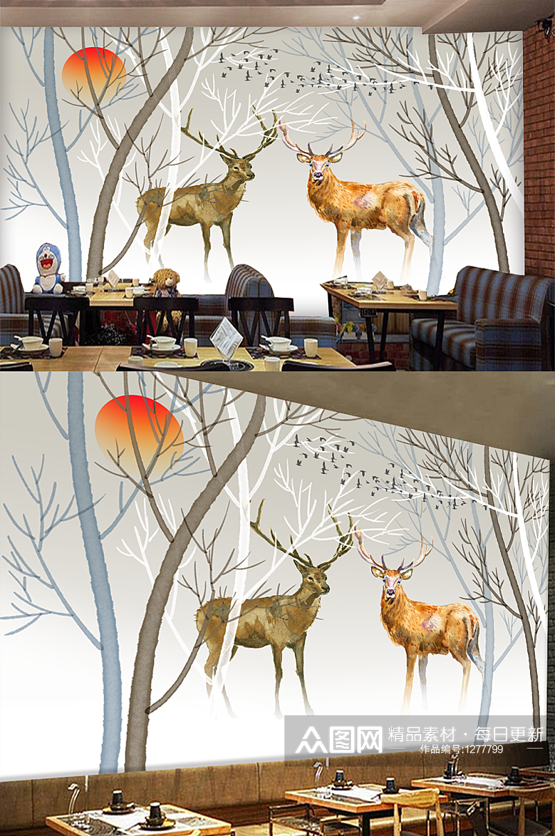 风格麋鹿抽象树背景墙素材