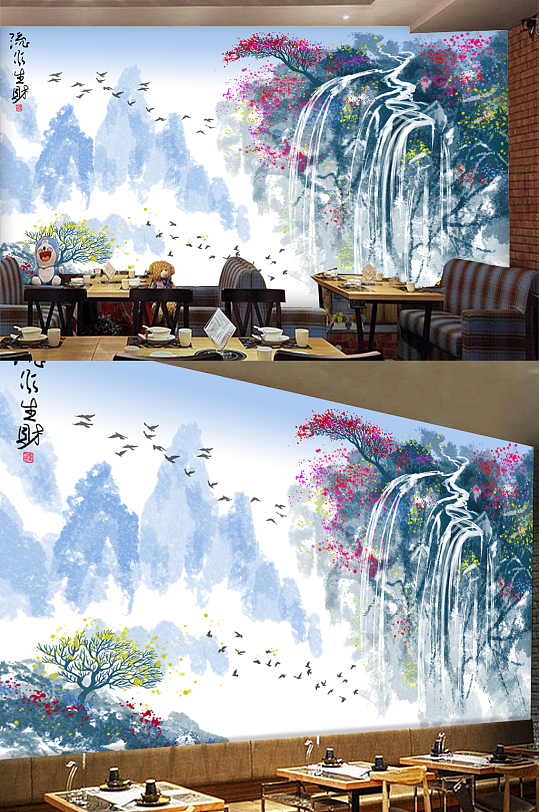 新中式写意山水瀑布背景装饰画 墙绘图案