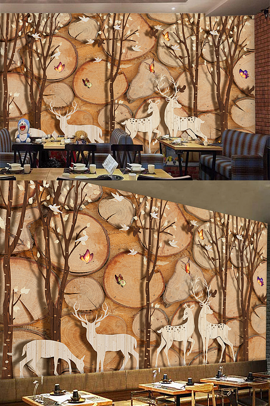 现代北欧麋鹿树林木板木纹飞鸟电视背景墙