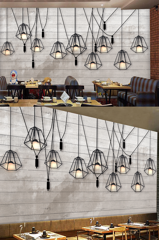 复古loft吊灯咖啡店壁画背景墙-众图网