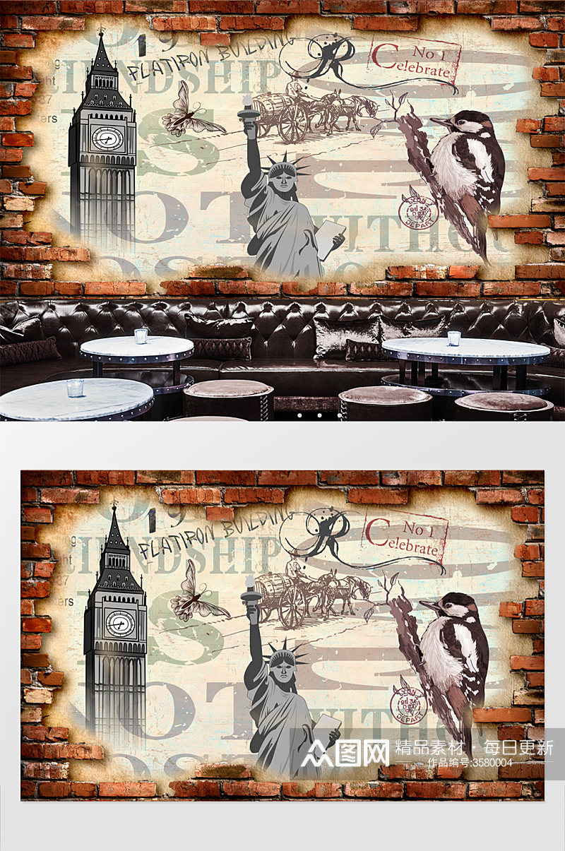 复古怀旧自由女神餐厅酒吧背景墙素材