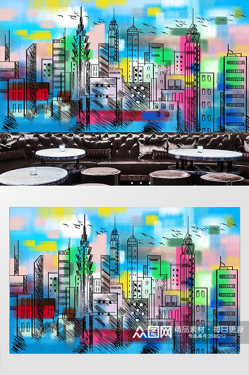现代手绘抽象城市装饰画背景墙素材