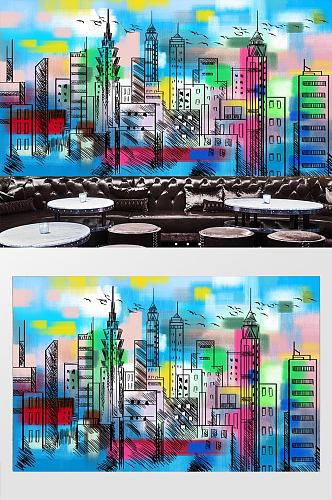 现代手绘抽象城市装饰画背景墙
