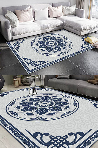 新中式蓝色花纹纹理简约地毯图案