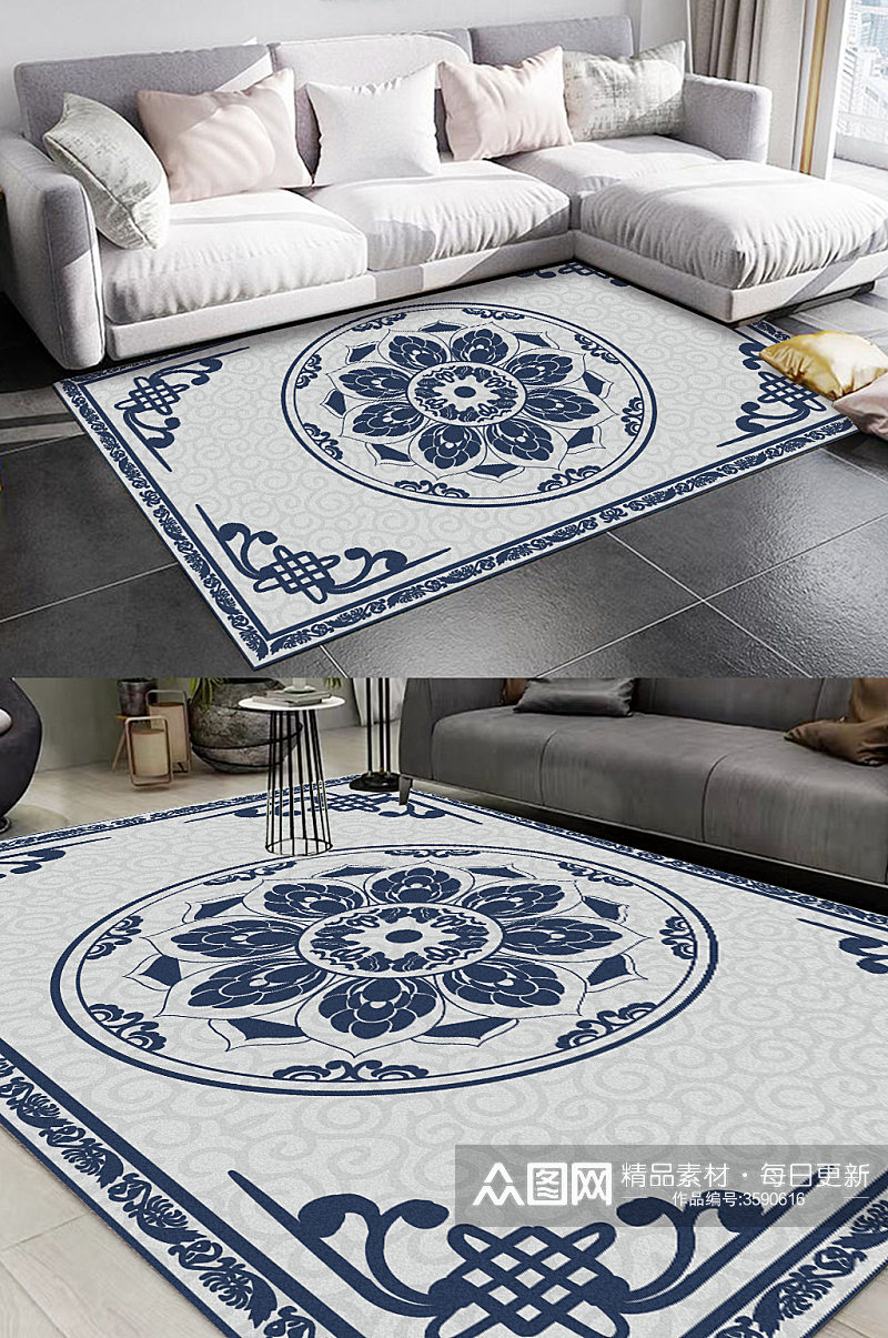 新中式蓝色花纹纹理简约地毯图案素材