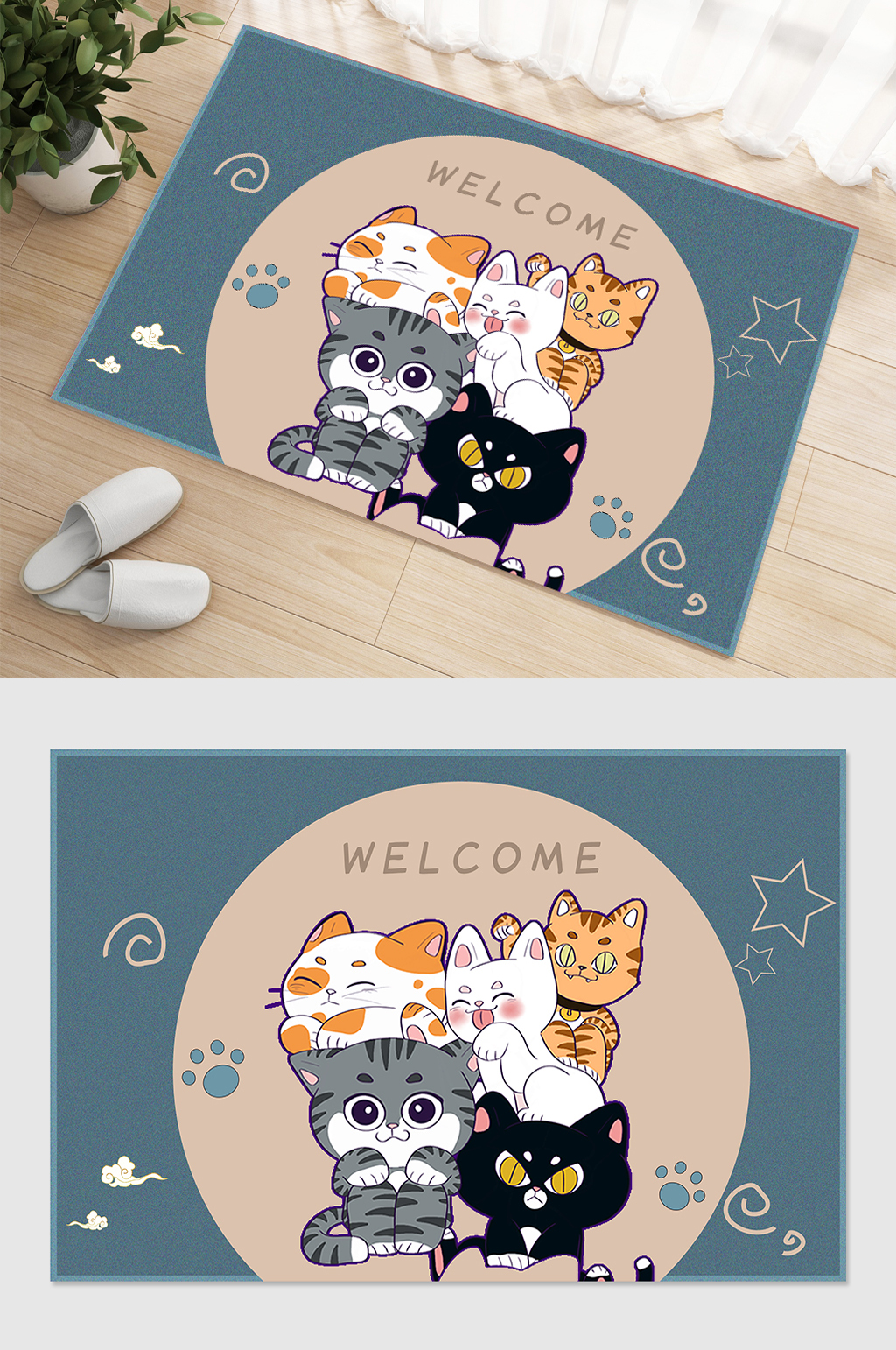 蓝色小猫卡通地毯素材