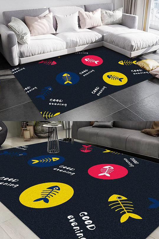 北欧现代手绘卡通鱼骨儿童房地毯图案-众图网