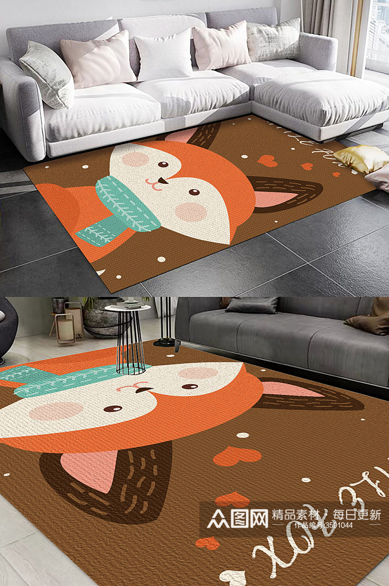 卡通动物小狐狸儿童房卧室地毯图案素材