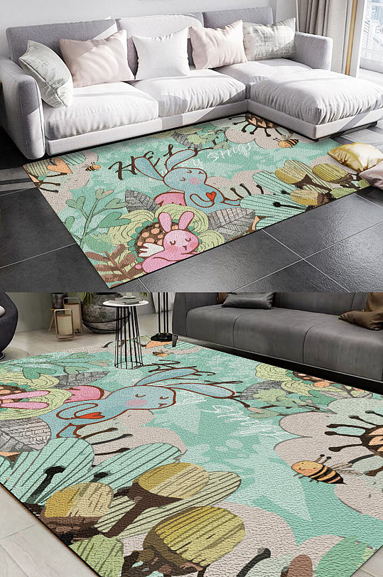 简约小清新现代卡通植物兔子儿童房地毯图案-众图网