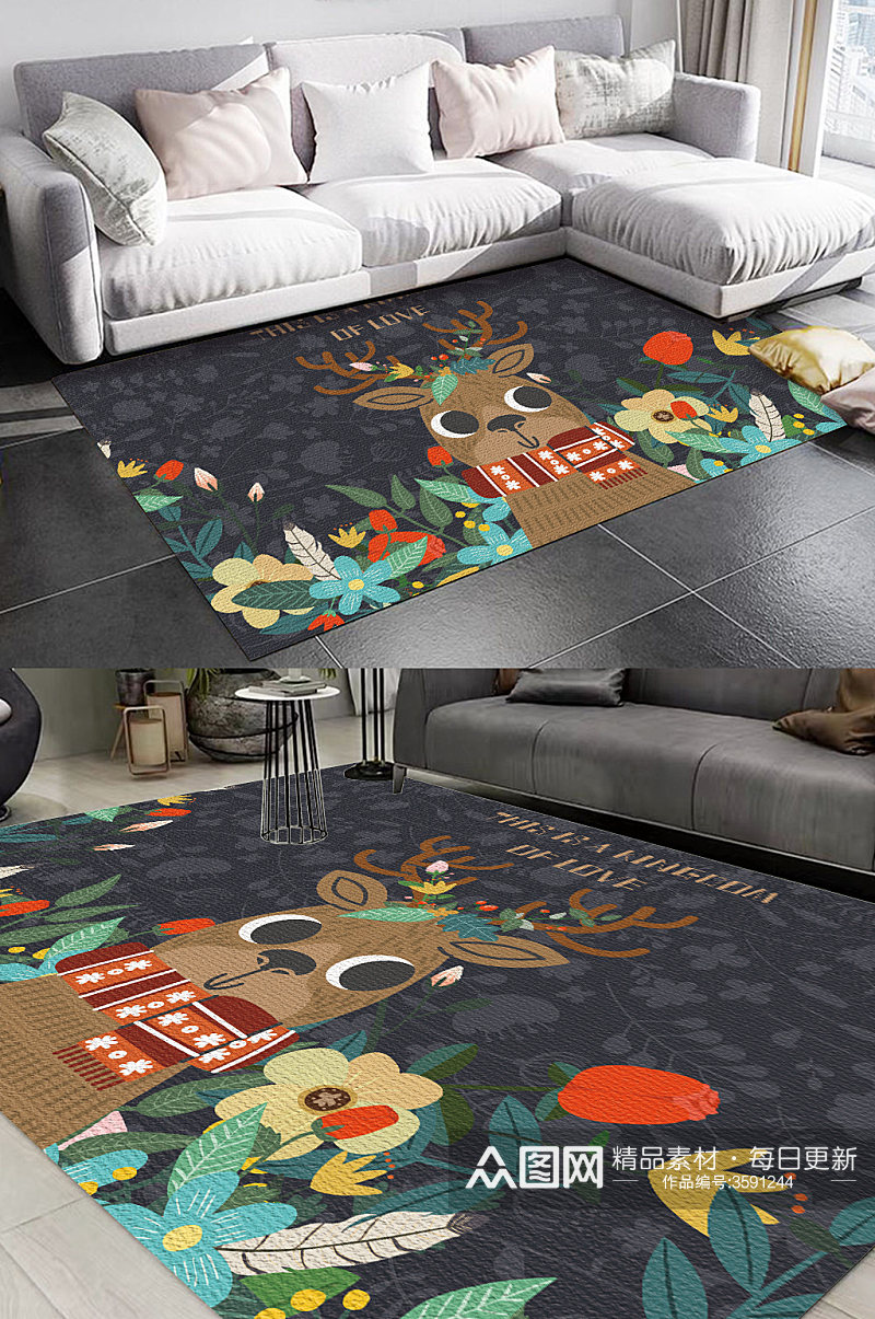 卡通森系麋鹿植物儿童房卧室地毯图案素材