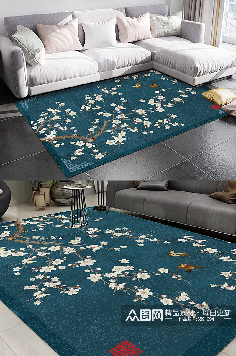 中国风古典花鸟植物客厅卧室地毯图案素材