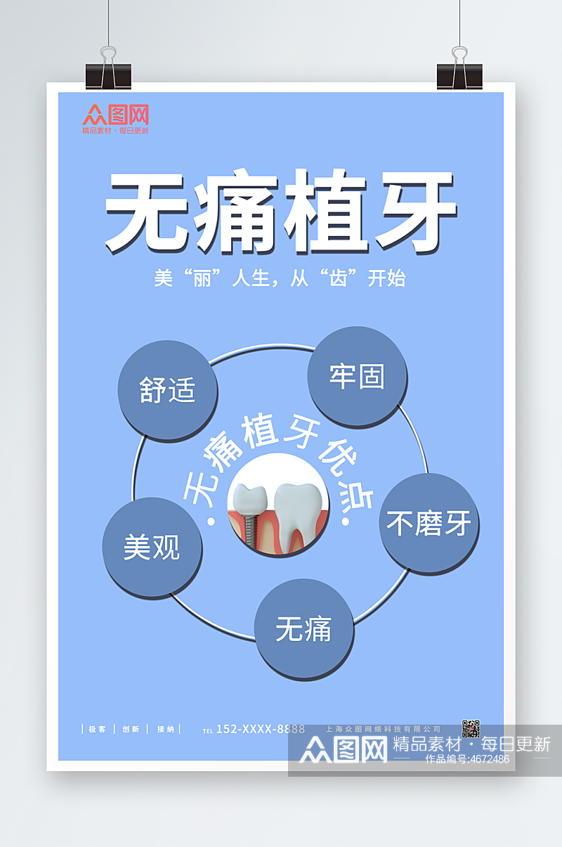 蓝色牙科无痛植牙宣传海报素材