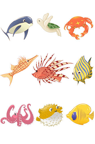 手绘海洋海底动物生物元素插画
