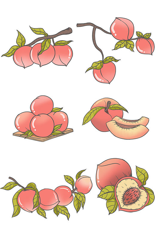 手绘描线风水蜜桃水果元素插画