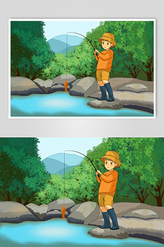 森林湖泊垂钓扁平风人物插画