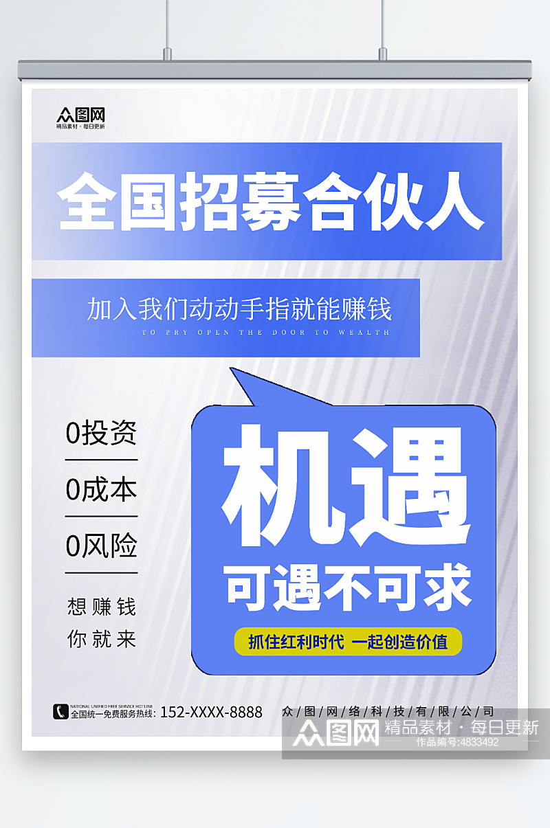 招募合伙人简约风创业加盟招商海报素材