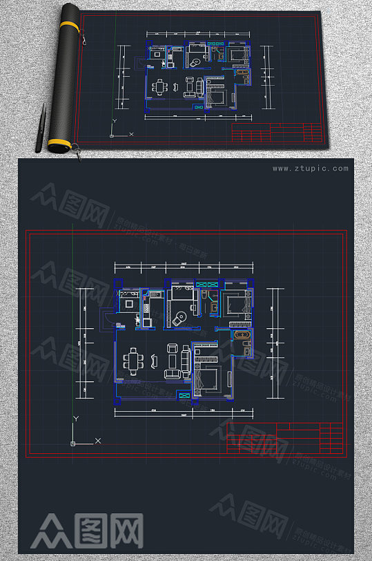 三室一厅室内家居空间布局CAD设计参考图