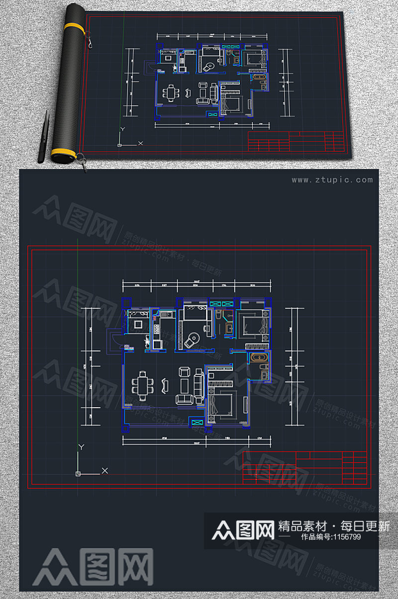 三室一厅室内家居空间布局CAD设计参考图素材