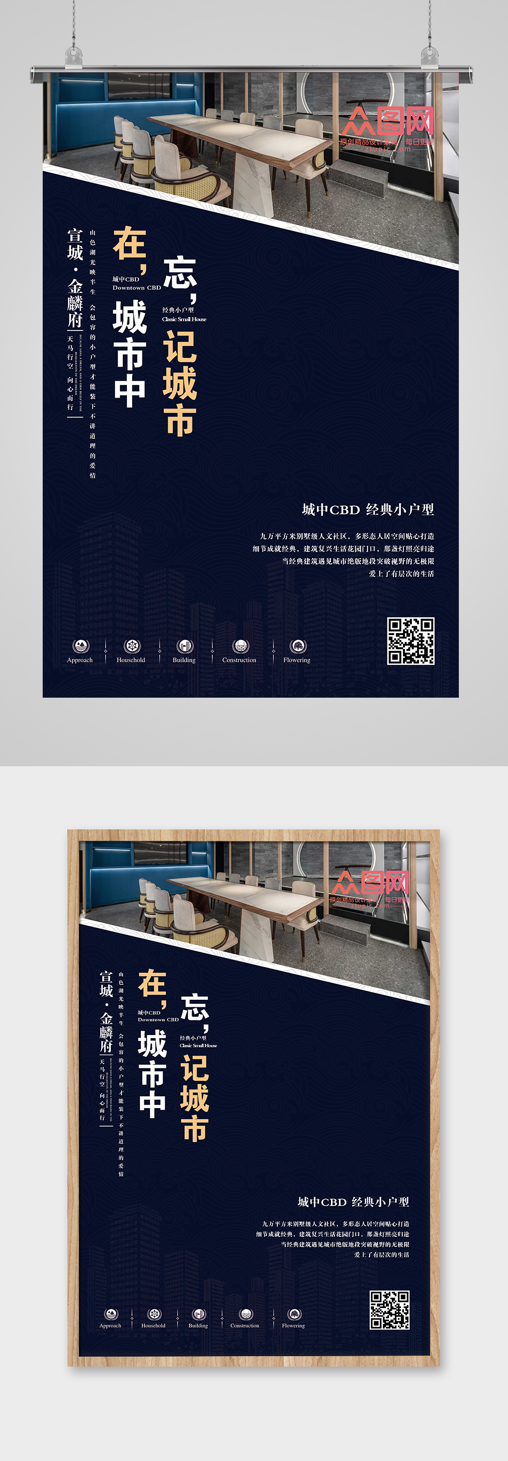 蓝色简约房地产城市宣传系列海报素材