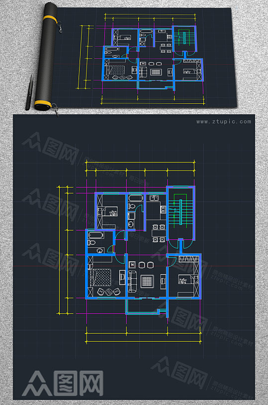 三室一厅CAD家装布局设计图