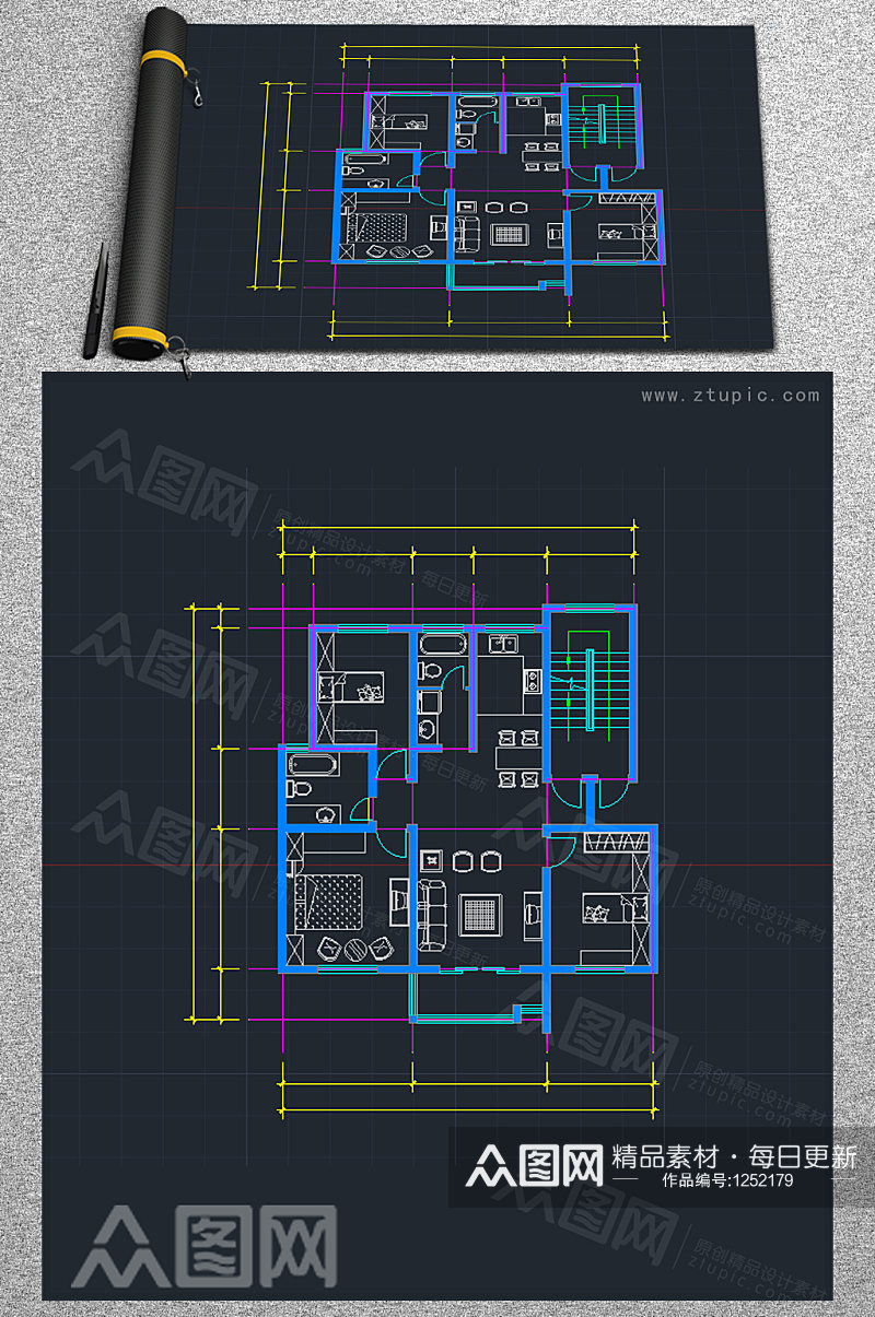 三室一厅CAD家装布局设计图素材