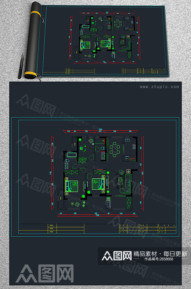 三室两厅精选CAD户型布局参考图素材