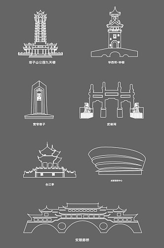 矢量成都地标建筑剪影建筑线稿