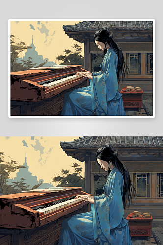 中国风古风音乐器材古筝插画