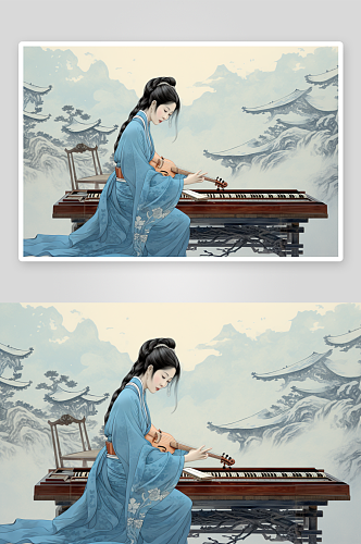 中国风古风音乐器材古筝插画