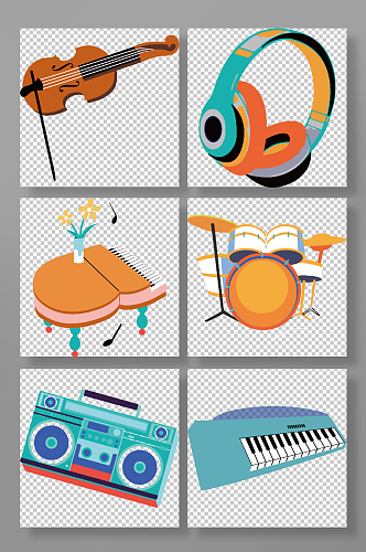 矢量钢琴小提琴架子鼓收音机耳机音乐会
