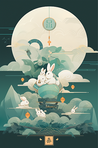 数字艺术中国风中秋节月亮兔子插画元素