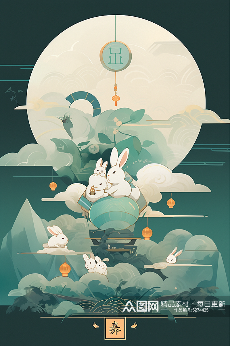 数字艺术中国风中秋节月亮兔子插画元素素材