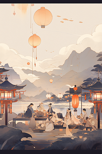 数字艺术中国风传统中秋节插画海报背景