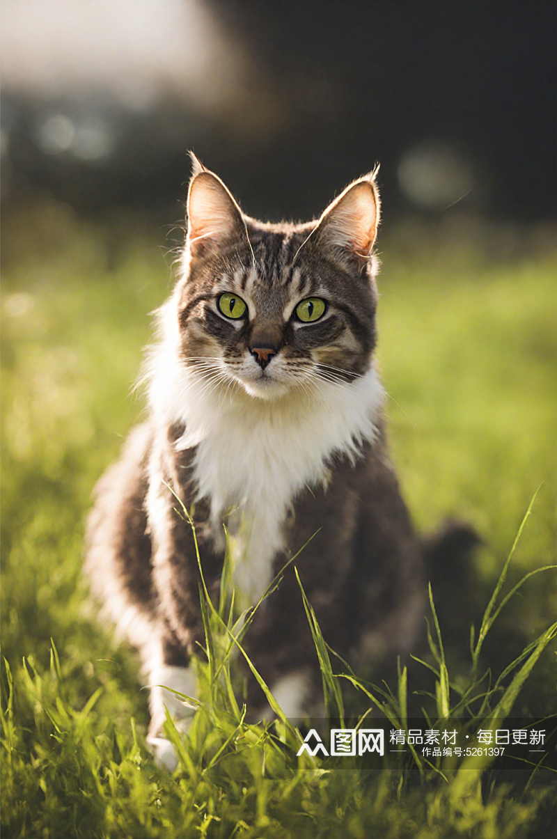 数字艺术AI坐在草地上的猫猫素材