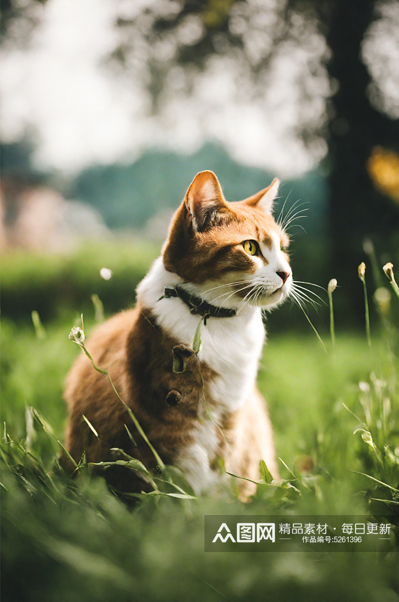 数字艺术AI坐在草地上的猫猫素材