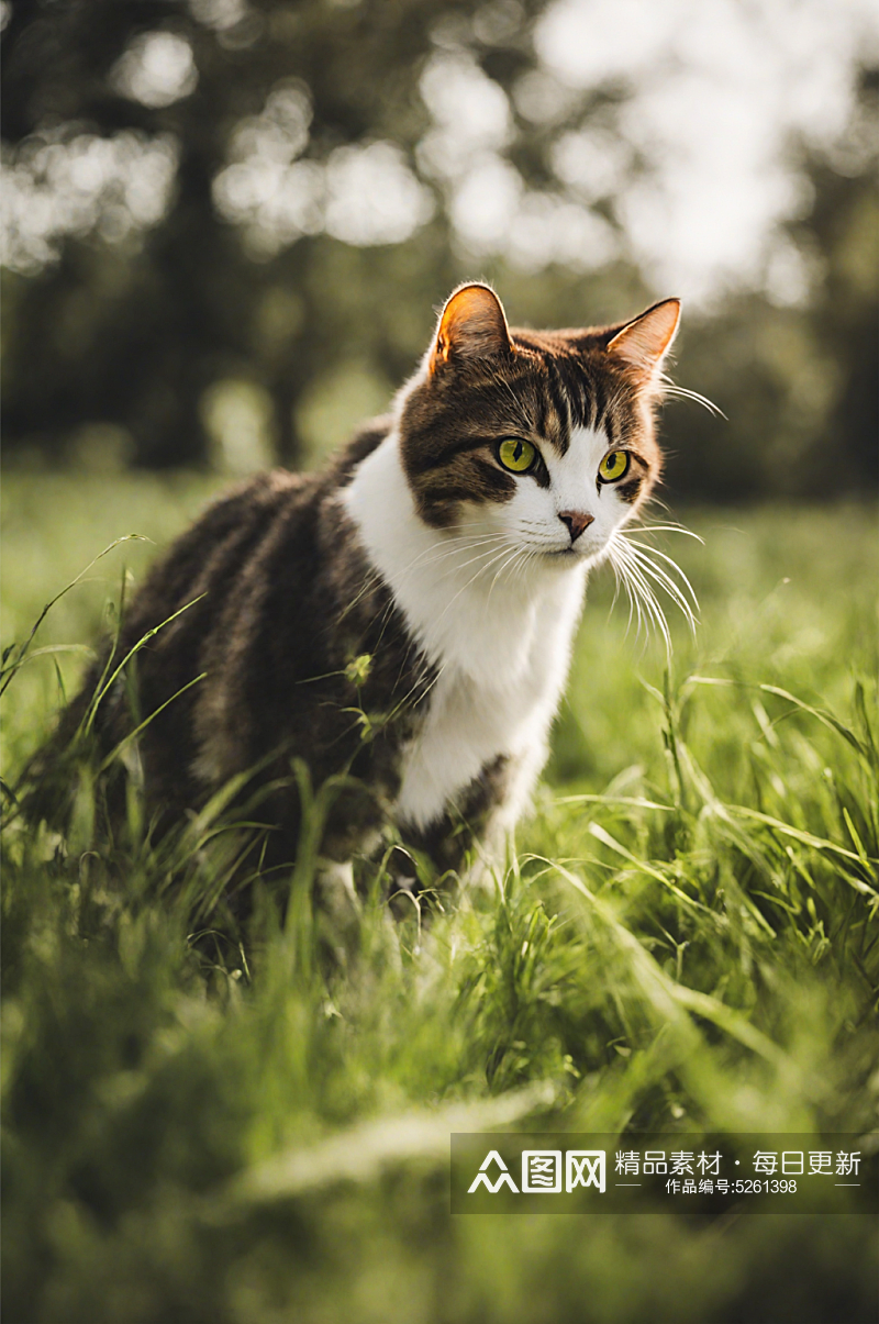 数字艺术AI坐在草地上的猫猫素材