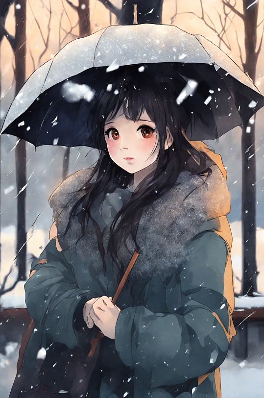 唯美雪天女孩人物插画